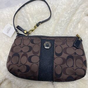 Coach Signature Wristlet Large Stripe Wallet Clutch Pouch Dark Brown Canvas GUC